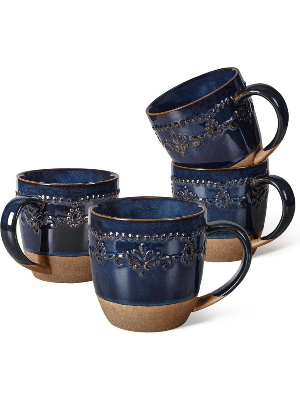 Set of 4 Large 16oz Embossed Ceramic Coffee Mugs - Dishwasher & Microwave Safe